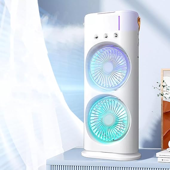 Portable Mini Double Fan Air Cooler With Mist Humidifier And Led Lighting, Mini Table Cooling Fan For Home & Office – Rechargeable