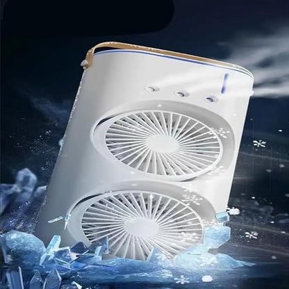 Portable Mini Double Fan Air Cooler With Mist Humidifier And Led Lighting, Mini Table Cooling Fan For Home & Office – Rechargeable