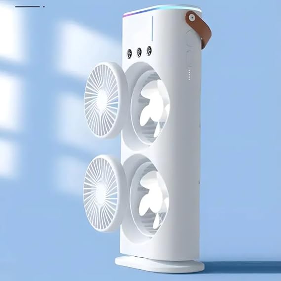 Portable Mini Double Fan Air Cooler With Mist Humidifier And Led Lighting, Mini Table Cooling Fan For Home & Office – Rechargeable