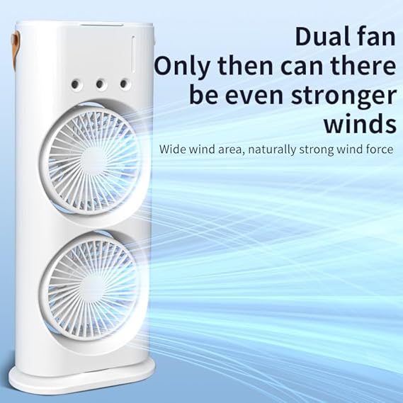 Portable Mini Double Fan Air Cooler With Mist Humidifier And Led Lighting, Mini Table Cooling Fan For Home & Office – Rechargeable