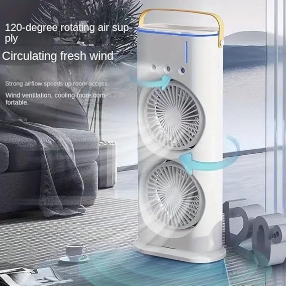 Portable Mini Double Fan Air Cooler With Mist Humidifier And Led Lighting, Mini Table Cooling Fan For Home & Office – Rechargeable